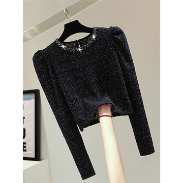 小個子亮絲鑲鉆長袖T恤2025春季韓版顯瘦高腰短款純色外穿打底衫