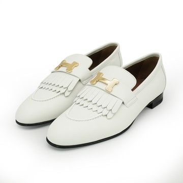 Hermes 展示品 Royal 山羊皮淡金釦流蘇樂福鞋#37(92白)