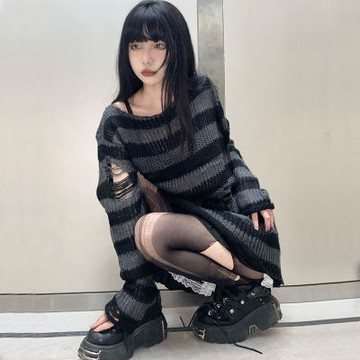 【現貨+預購】 朋克風破洞鏤空Y2K千禧辣妹針織衫毛衣條紋寬鬆復古原宿街頭情侶
