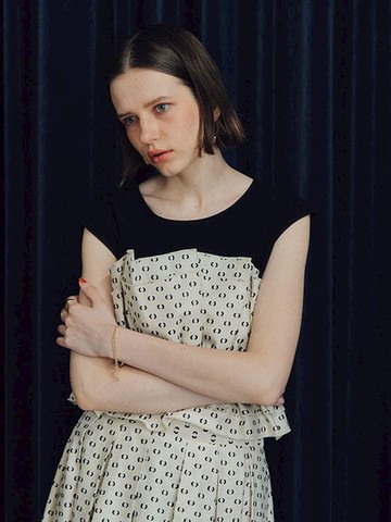 條紋/點點圖案荷葉邊胸衣式拼接無袖上衣(07000833300) - YECCA VECCA