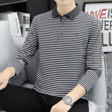 吸濕排汗長袖polo衫 吸濕排汗長袖衣 長袖工作服 條紋polo衫男士春秋季潮牌長袖時尚T恤薄款秋衣翻領刺繡秋裝上衣