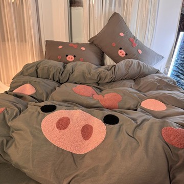 韓版卡通刺繡灰色可愛豬豬水洗棉被套四件套單人宿舍三件套床單