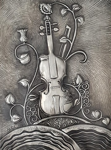 錫雕  中場休息 無弦琴 畫框