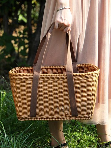 仿藤編織包購物籃買菜籃子 手提花籃戶外野餐籃水果籃 洗漱用品籃 中秋免運