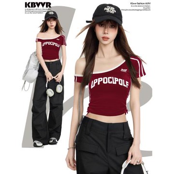 紅色斜肩露肩短袖t恤女夏季美式球衣風爵士修身辣妹短款高腰上衣