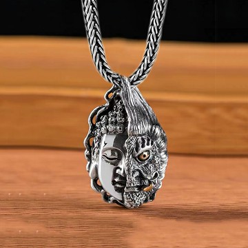 純銀佛魔善惡一念之間吊墜男士個性霸氣潮男項鏈送男朋友復古掛件