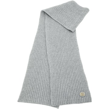 GUCCI 古馳 GG 金屬皮革標灰色羅紋羊毛混紡圍巾