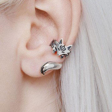日本狐狸耳夾銀色無穿孔狐狸耳環