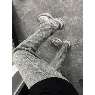潮牌滿印提花高級感炸街牛仔褲