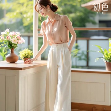 初色 純色襯衫領短袖襯衫上衣女上衣/直筒褲休閒褲寬褲長褲-共2款-36759(M-XL可選)