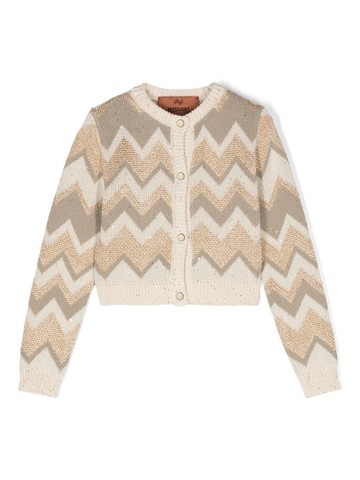 Missoni Kids - sequinned zigzag-knit cardigan - kids - Cotton/Viscose/Metallic Fibre/Polyamide/Cotton - 4 - Neutrals