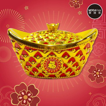 摩達客◉春節開運招財◉28cm大款簍空招財進寶雙元寶糖果盒 擺飾桌飾