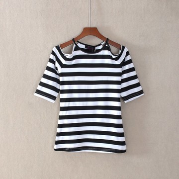 夏裝女五分袖修身露肩短款圓領文藝簡約T恤衫顯瘦氣質潮