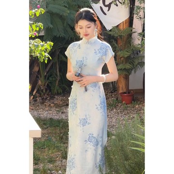 【桃喜Rich女裝】冰藍色旗袍 新款復古單層短袖旗袍 溫柔清新氣質洋裝 顯白顯瘦修身旗袍 新中式連衣裙 國風洋裝