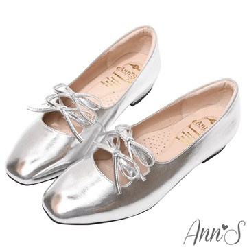 Ann’S雙蝴蝶結-頂級綿羊皮瑪莉珍芭蕾娃娃鞋平底包鞋2cm-銀