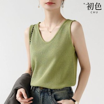 初色 純色華夫格圓領吊帶無袖側邊加高遮副乳背心上衣女上衣-共10色2款-13446(M-XL可選)