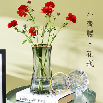 輕奢金邊小蠻腰花瓶彩色玻璃擺件插花水培瓶百合干花瓶客廳飾品瓶