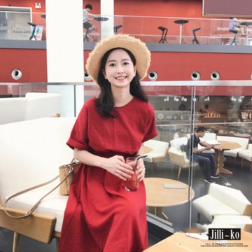 JILLI-KO 夏季度假風純色連衣裙- 紅色