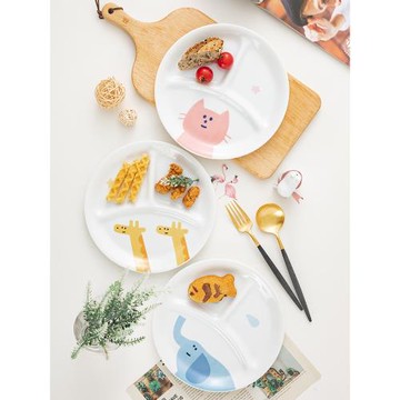 日本進口卡通兒童餐具分格盤早餐盤陶瓷分隔盤釉下彩圓盤早餐杯