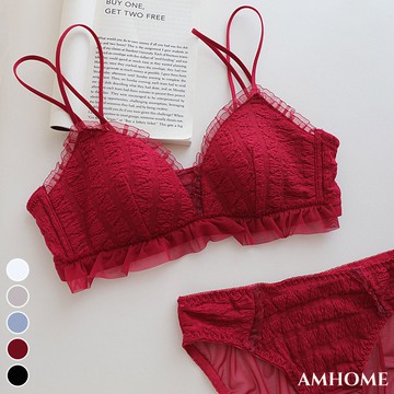 【Amhome】法式奶甜泡泡紋內衣無鋼圈薄款小胸聚攏上托純欲文胸內褲2件式套裝# 117555(現貨+預購)