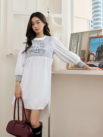 KITTY妝可愛系列．拼接羅紋刺繡印花前短後長洋裝