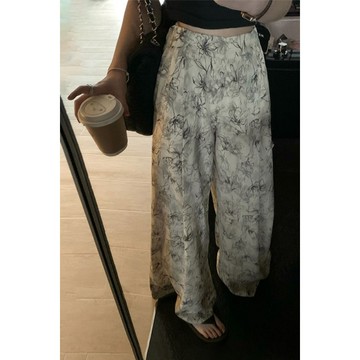 🌈可開發票🌈闊腿长褲女 冰絲水墨休閒褲女 薄款寬鬆夏季 闊腿褲子女冰絲夏季新款高腰寬鬆顯瘦休閒褲水墨扎染垂