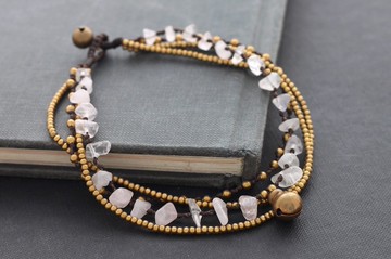 鏈腳踝玫瑰石英層鏈Boho愛禮物黃銅