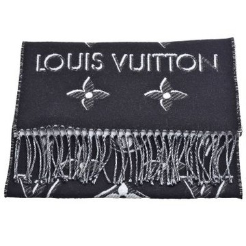 LV M78159 經典ESSENTIAL SHINE雙色Monogram圖案羊毛流蘇圍巾(黑色)