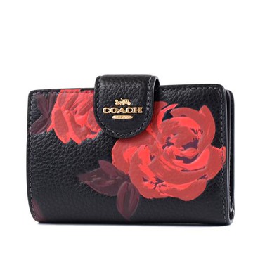 COACH 立體浮雕玫瑰鵝卵石紋釦式中夾-黑色