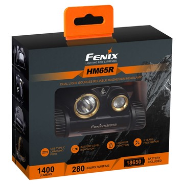 FENIX HM65R 雙光源三防鎂合金頭燈 1400流明 IP68防水等級 USB Type-C充電  黑色 + 橘色  1個