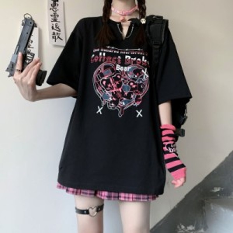 天使と悪魔 病み可愛い Tシャツ ロングT CRAZYGIRL ネックチェーン