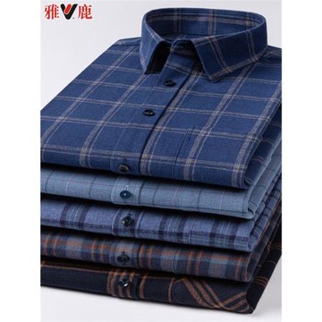 雅鹿秋季100%純棉磨毛格子襯衫男長袖時尚休閑襯衣中老年爸爸上衣