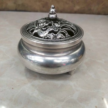古玩雜項 復古做舊白銅鍍銀三腳荷花鴛鴦蓋熏香爐 做工精湛顏色美