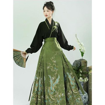 大碼胖mm春季款新中式漢服文藝改良日常可穿明制綠色馬面裙兩件套