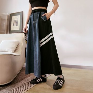 OB嚴選中大尺碼-異材質撞色拼接腰鬆緊長裙《CA3142》