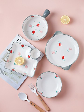 【200-80】小玫瑰陶瓷餐具套裝家用餐盤菜盤子湯碗餃子盤可愛手