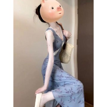 (免運)復古超好看獨特漂亮V領碎花連衣裙海邊度假風背心裙2025初夏穿搭