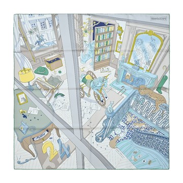 Hermes 愛馬仕 Mystere au 24 90 cm手工捲邊斜紋真絲方巾（灰/綠/黃）_廠商直送