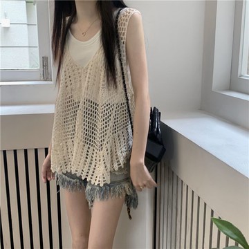 兩件套無袖罩衫上衣女港風夏季辣妹設計感鏤空針織馬甲時尚百搭外穿女春背心外搭【聚寶屋】