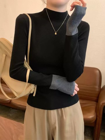 【限時79折】百搭系列．樹梢影子撞色袖微高領針織衫