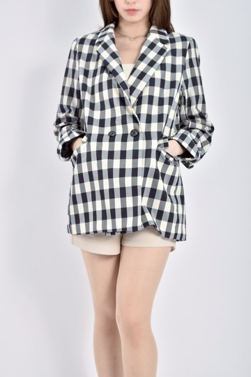 (M) 質感格紋長袖藍色外套