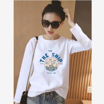 純棉長袖t恤女2026春秋新款白色打底衫圓領寬松小衫磨毛內搭上衣