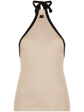 Courrèges - embroidered-logo halterneck top - women - Cotton - L - Neutrals
