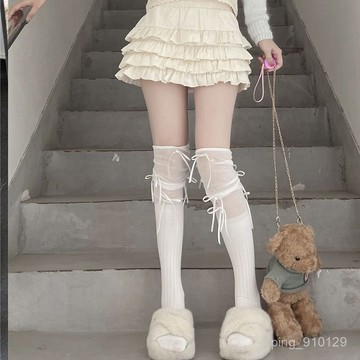 【FROCK】過膝綁帶襪堆堆襪子芭蕾風小腿學院風白色 長靴襪 防寒襪子 膝上襪 高筒襪 保暖襪 大腿襪 壓力襪 長筒襪
