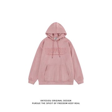 KKyesiou美式復古麂皮絨字母刺繡情侶衛衣男女款潮牌加絨連帽外套