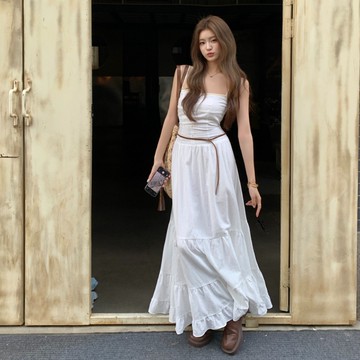 【桃喜Rich女裝】春夏新款純棉小白裙 度假風洋裝 修身大擺長裙 顯瘦吊帶裙 寬鬆蛋糕裙 無袖連衣裙女 日常約會洋裝