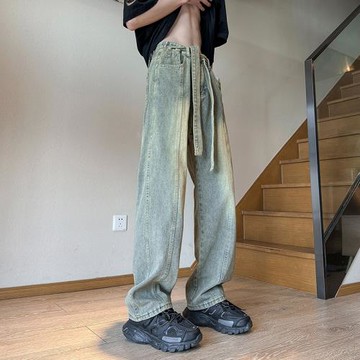 黃泥染牛仔褲腰帶男潮牌oversize美式高街vibe修身微喇褲子春秋款