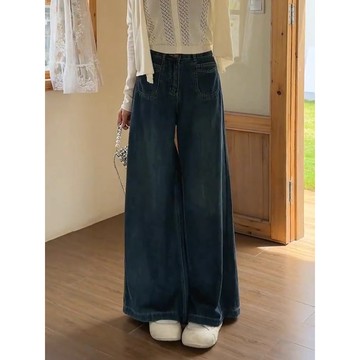 【鹿向南】牛仔褲 美式復古 藍色牛仔褲 寬版牛仔褲 拖地褲 直筒長褲 寬鬆闊腿褲 顯瘦牛仔褲 原宿風 y2k褲子 梨形