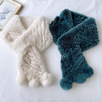 新款真獺兔毛圍巾女雙面毛斜角毛球冬保暖交叉皮草圍脖披肩韓版