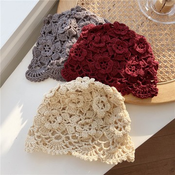 套頭文藝蕾絲鏤空編織帽春夏季復古手工休閑頭巾帽時尚瓜皮帽網帽